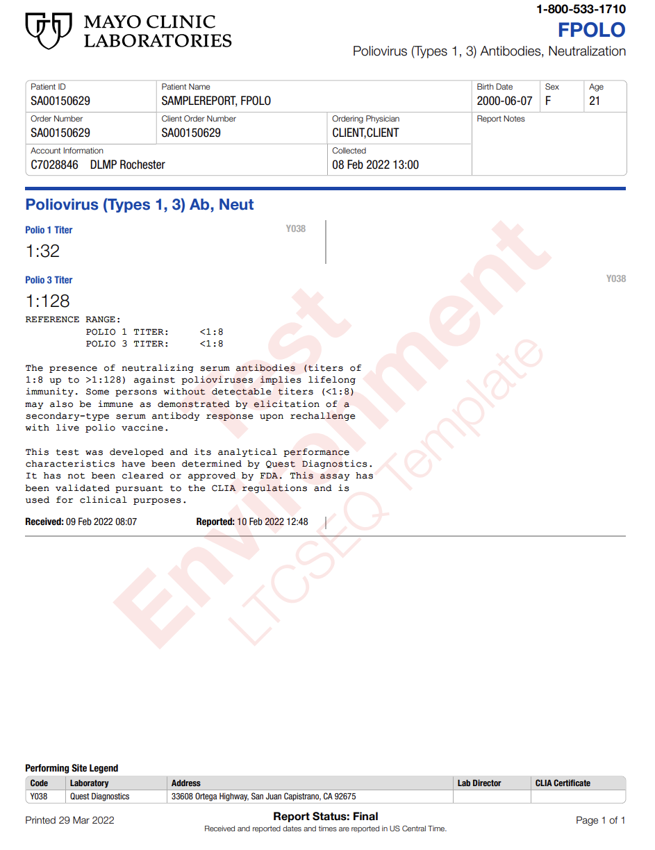 Poliovirus (Types 1, 3) Antibodies, Neutralization
